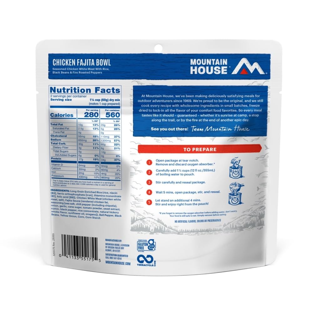 Mountain House Chicken Fajita Bowl | Freeze Dried Backpacking & Camping Food | Gluten-Free | 2 Servings