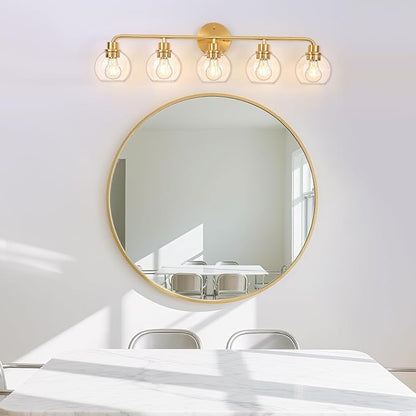 Bathroom Light Fixtures Gold Vanity Light 5 Light Wall Sconces Lighting Brushed Brass Lights with Clear Globe Glass Shades Bath Wall Lamp for Mirror Kitchen Living Room Bedroom Hallway