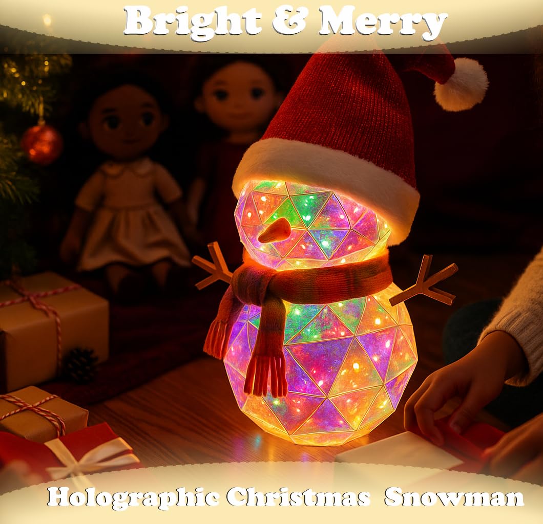 Aladdinas LED Teddy Bear Night Light, Holographic Iridescent Design, Nursery Decor Display Box with Ribbon (Snowman, Christmas)