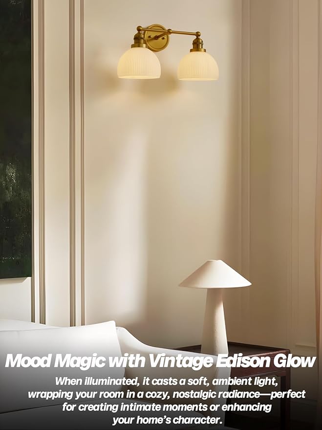 2-Light Gold Wall Sconces,Vintage Bathroom Wall Sconce Light with Milk Glass Double Arm Brass Bathroom Vanity Light for Living Room Bedroom Kitchen E26 Hardwire Indoor