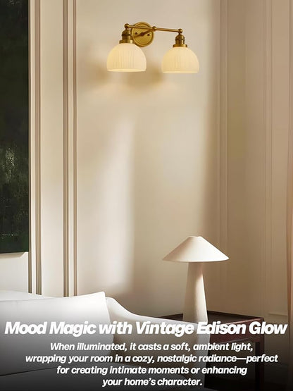 2-Light Gold Wall Sconces,Vintage Bathroom Wall Sconce Light with Milk Glass Double Arm Brass Bathroom Vanity Light for Living Room Bedroom Kitchen E26 Hardwire Indoor