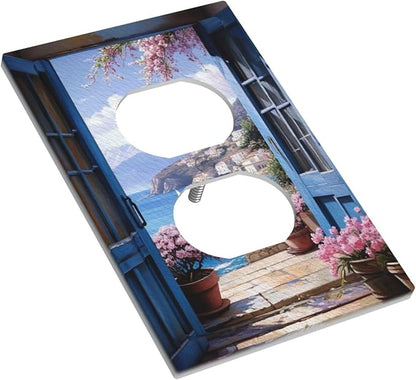 Decorative Art Light Switch Covers Seaside Window View 1 Gang Single Duplex Outlet Wall Plate Switchplate Electrical Faceplate for Home Decor
