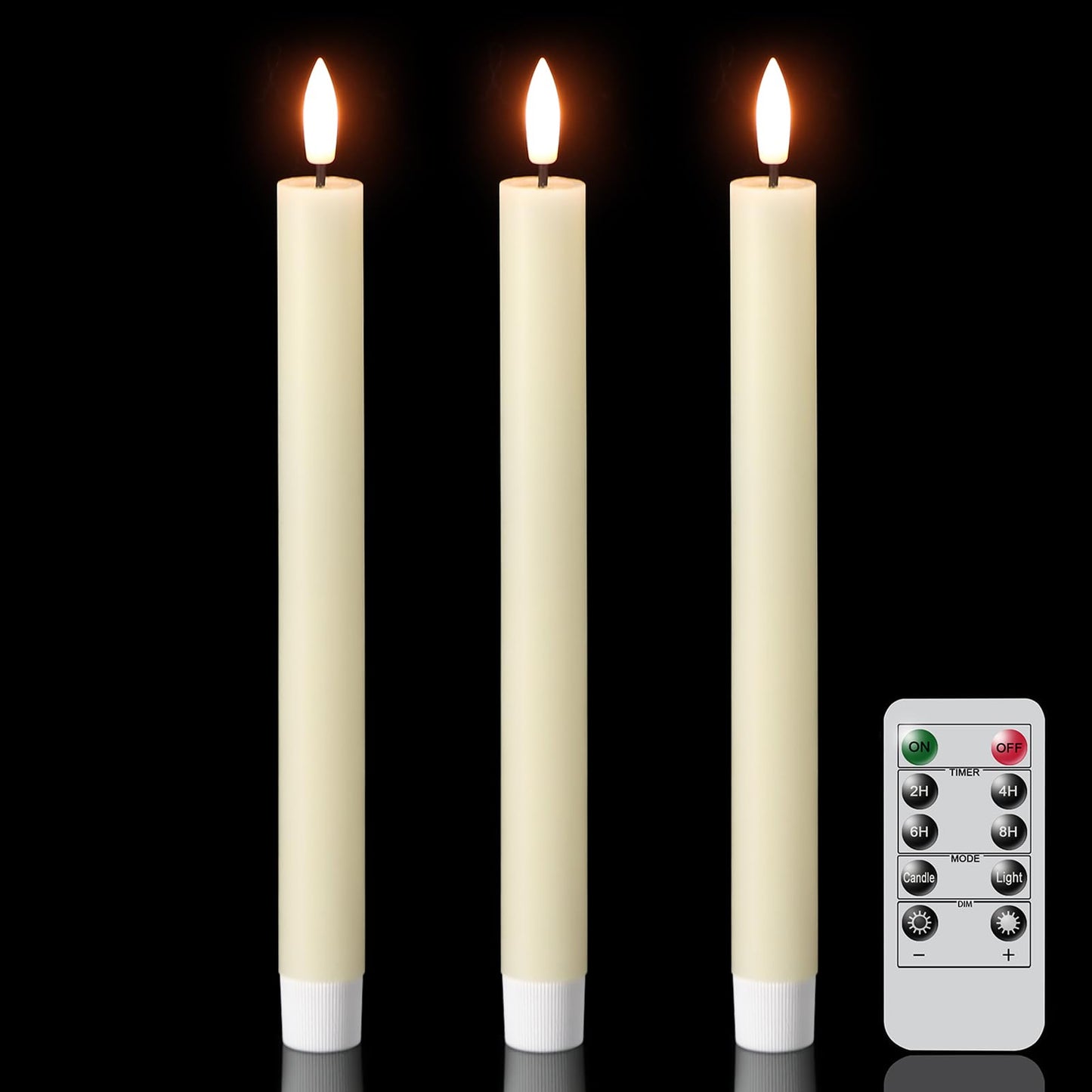 GenSwin Flameless Taper Candles with Remote Timer, Real Wax LED Taper Candles Battery Operated with 3D Flame, 3Pcs Flickering Flamless Candlesticks for Halloween Christmas Decor(Ivory, 0.78” x 9.8”)