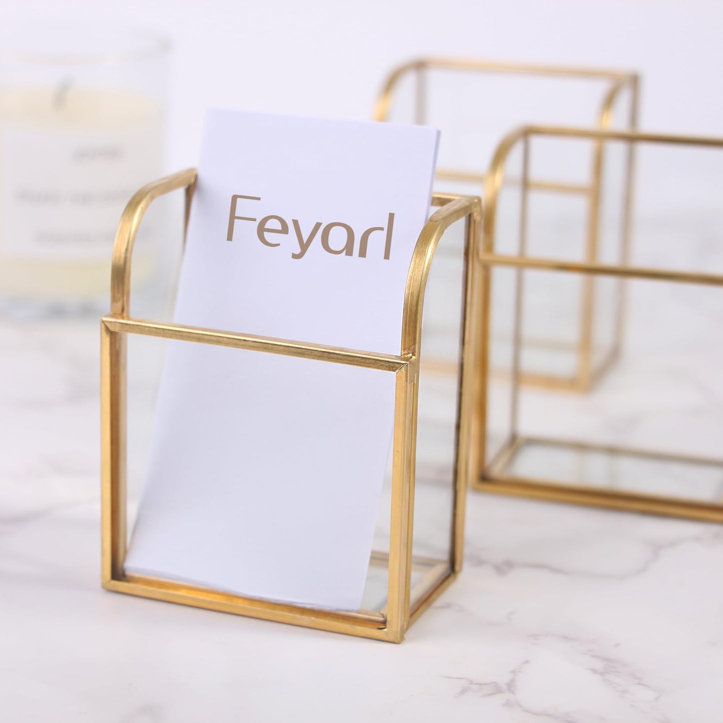 Feyarl 1pcs Gold Glass Business Card Holder Stand Vertical Business Card Display Clear Business Name Card Organizer Appointment Gift Cards Storage for Office Meeting Salons Desktop Countertop