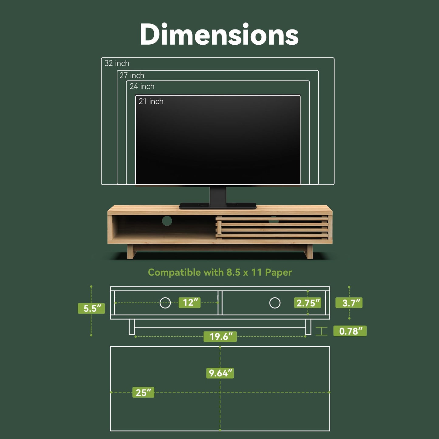 WELL WENG Monitor Stand Riser with Sliding Door, Computer Laptop Stand Desk Shelf Organizer with Storage (Natural Bamboo, 25 Inch)