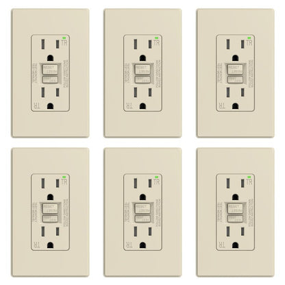 ELEGRP GFCI Outlet 15 Amp, Self-Test GFI Electrical Outlet with Thinner Design, TR Tamper Resistant GFCI Receptacle, Ground Fault Circuit Interrupters with Wall Plate, UL Listed, Light Almond, 6 Pack