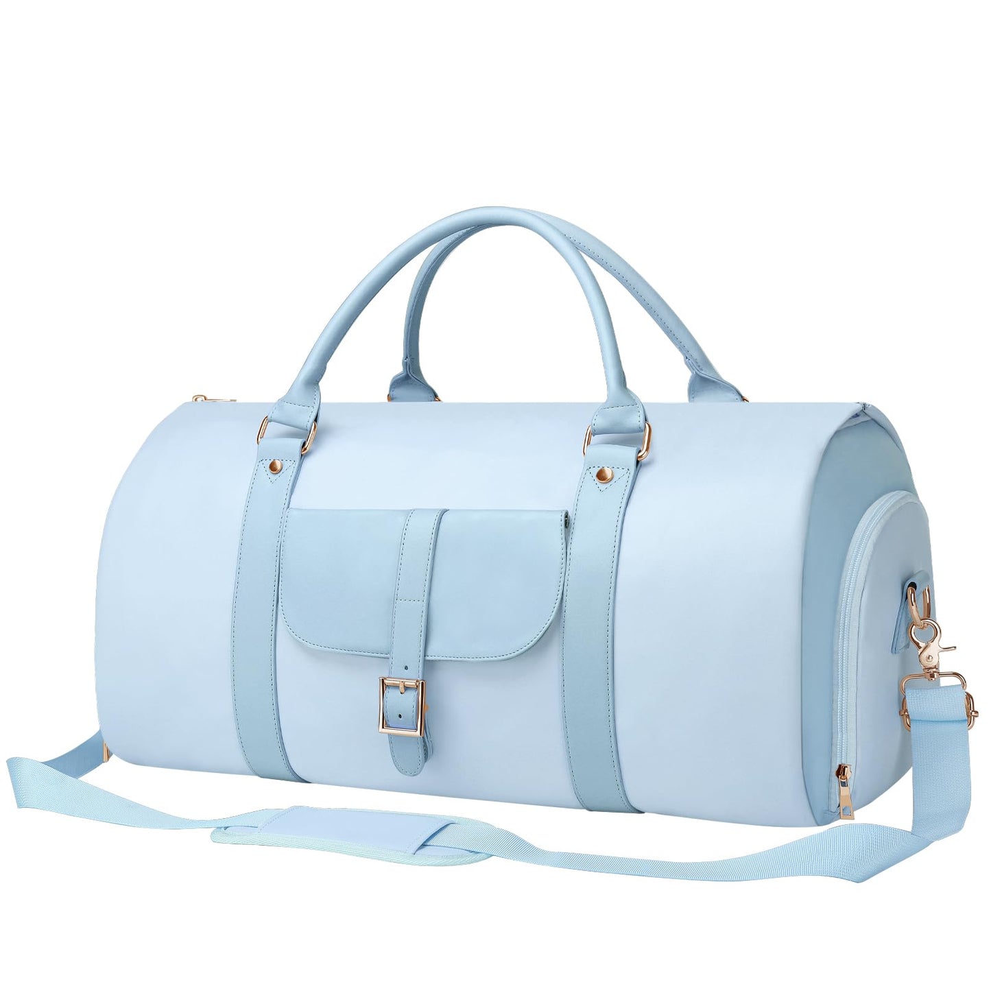 BOLOSTA 2 in 1 Convertible Garment Duffle Bags for Travel Foldable Carry On Garment Bag for Women with Shoe Compartment Leather Suit Bag for Hanging Clothes Long Dresses, Blue