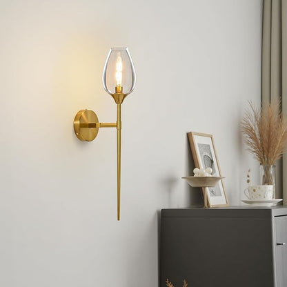Gold Glass Wall Sconce Light: Modern Decorative Sconces Lights Over Mirror - Vintage Brushed Brass Bathroom Vanity Lighting with Flower Shade - Indoor Glass Wall Mount Lamp for Bedroom Living Room