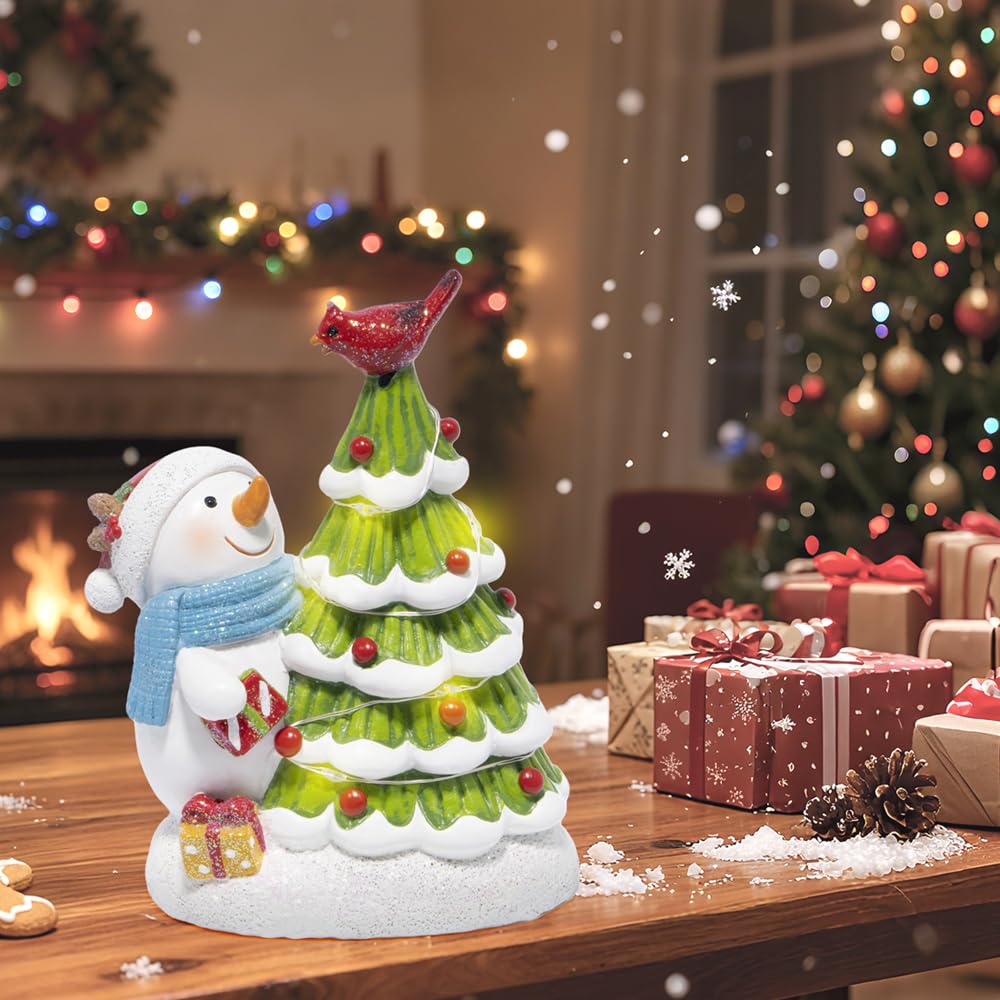 Hodao Christmas Tree Figurine Decorations — Lighted Hand-Painted Resin Snowman with Cardinal, Tabletop Decor for Family or Friends | Mantel, Shelf, Living Room Display
