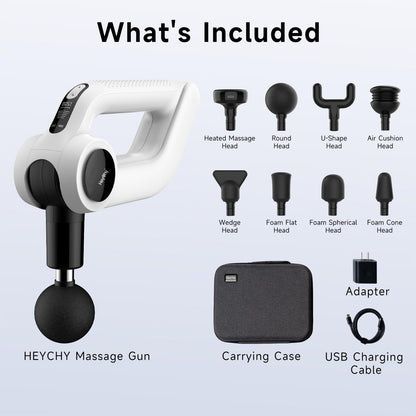 Massage Gun with Heat - Deep Tissue Percussion Massager for Pain Relief, 12mm Amplitude, 5 Speeds & 8 Attachments, Ideal for Muscle Recovery, Back Shoulder Leg - Gift for Athletes, Men, Women, White