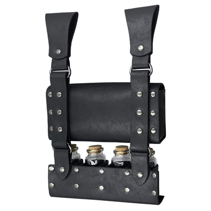 HiiFeuer Medieval Alchemy Faux Leather Belt Bag with 4 Cork Potion Vials, Fantasy Wizard Waist Pouch Side Pack for Ren Faire (Black A)