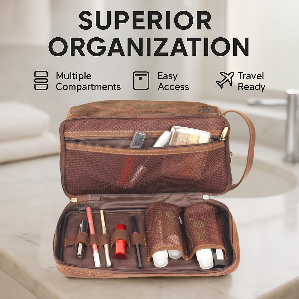 Genuine Leather Travel Cosmetic Bag - Hygiene Organizer Dopp Kit By Rustic Town (Brown)