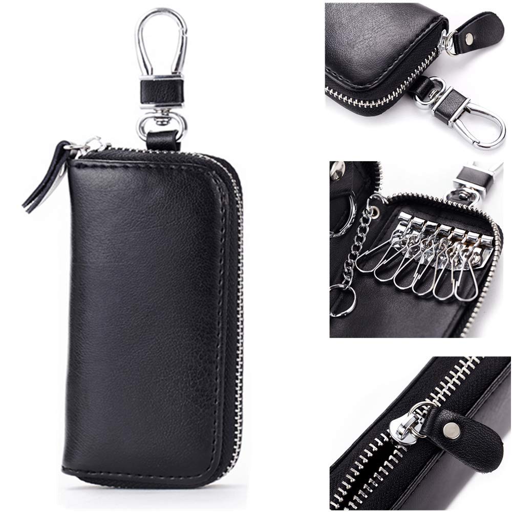 Genuine Leather Key Holder Bag with 2 Card Slots & 6 Hooks, Access Card Key Case Wallet for Men & Women (Black)