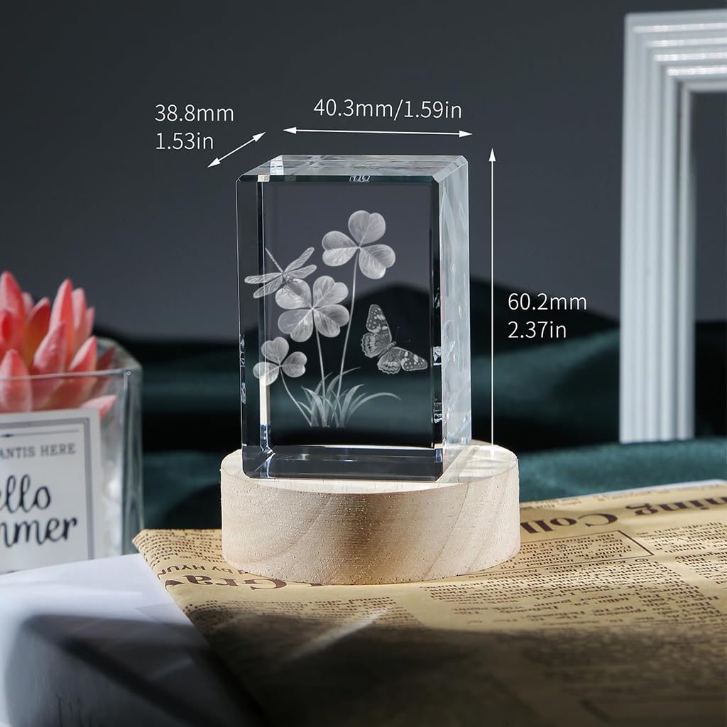 Crystal 3D Four-Leaf Clover Dragonfly & Butterfly Figurine Good Luck Gifts for Women on Birthday, Collectible Glass Plants Art for Room with LED Light Base, for Him Home Decor Paperweight