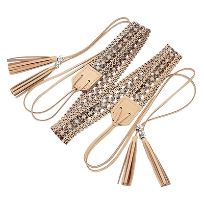 CALFOVERA Woven Knotted Waist Belt PU Leather Boho Tassel Waistband 66.54 x 1.12 Inch Vintage Bohemian Hollow Belt with Wax Rope Western Ethnic Macrame Waistband for Women Dress Skirt (Bisque)