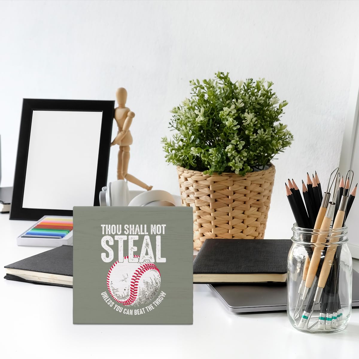Funny Retro Baseball Wood Signs for Office Desk Decor, Baseball Lover Gifts ffice Desk Accessories, Sports Fan Gifts Home Shelf Decor,Thou Shall Not Steal Unless You Can Beat The Throw 5x5(Christmas)