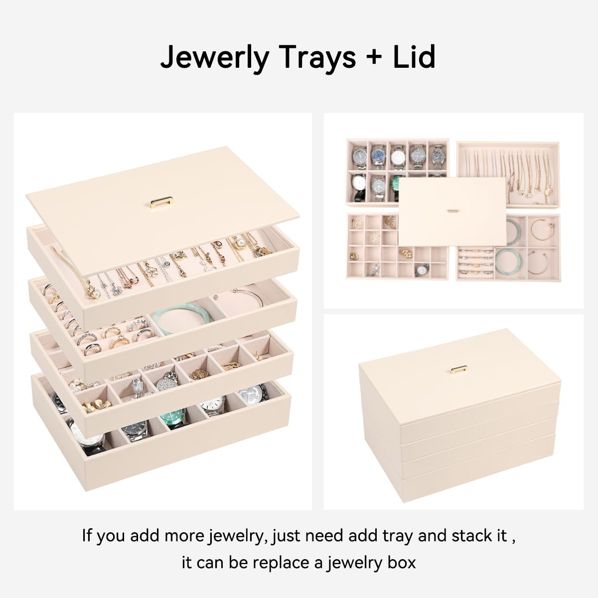 Voova Stackable Jewelry Organizer Tray with Lid, PU Leather Jewelry Storage Holder for Drawer Inserts, Jewellery Display Box Case for Earring Necklace Ring Watch Bracelet (Set of 4, Apricot)