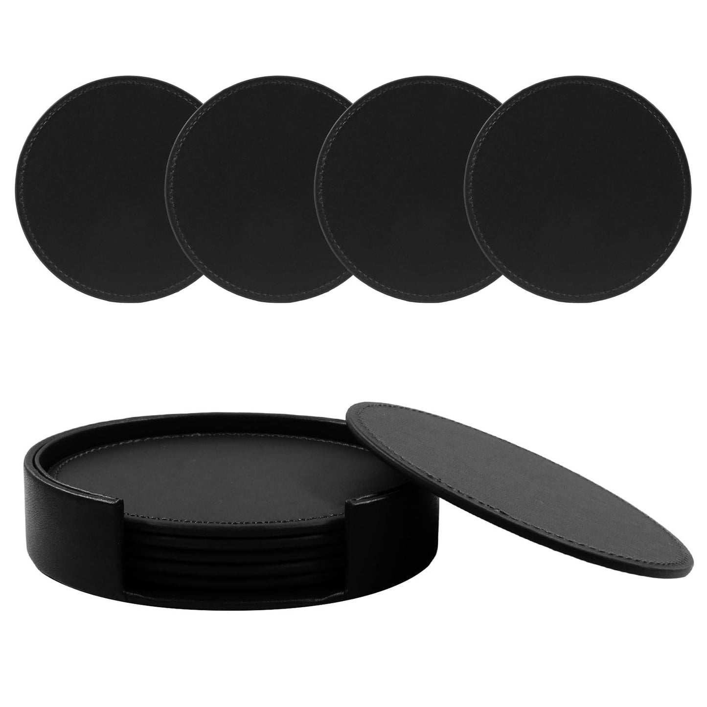 Rierdge Leather Coasters for Drinks Set of 6 with Holder, 4" Handmade PU Drink Coasters for Table Protection (Black)