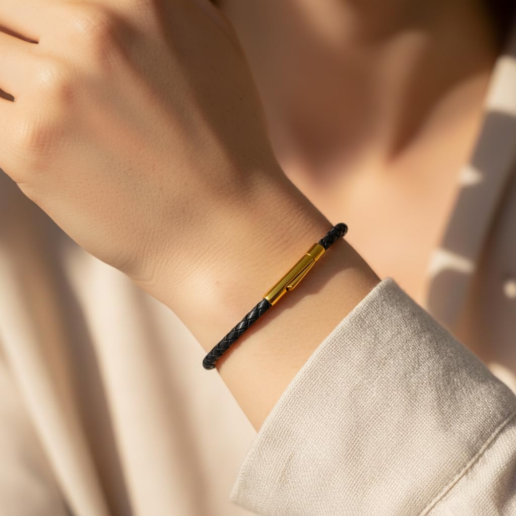 Leporem Premium Black Braided Leather Bracelet 18K Gold Plated Minimalist Everyday Jewelry Secure Push Lock Clasp Luxury Gift Box (Black, 7.5 Inch)