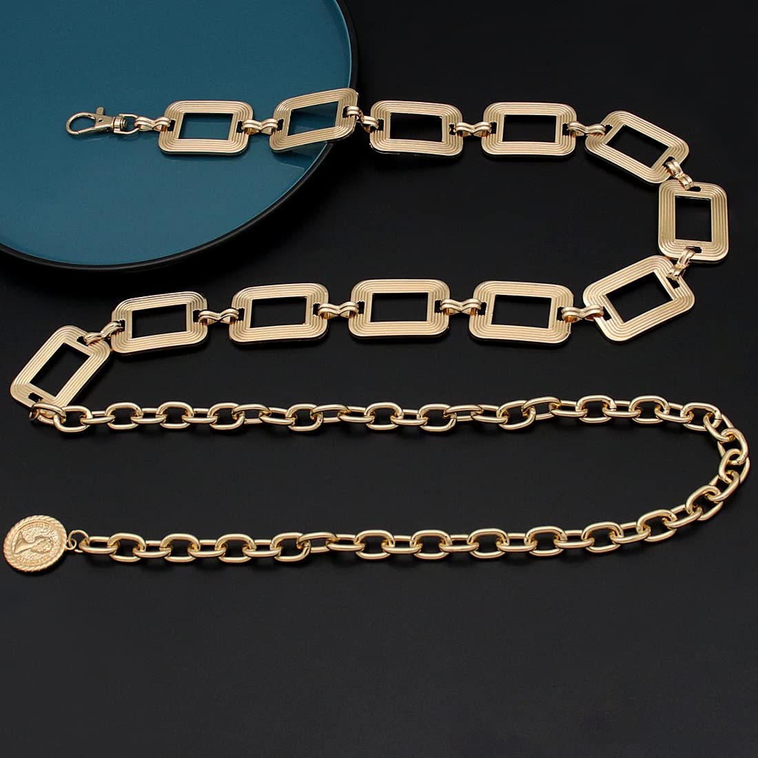 HIQUACC Women's Metal Waist Chain Chunky Body Jewelry Belly Link Belt (Square Gold-L)
