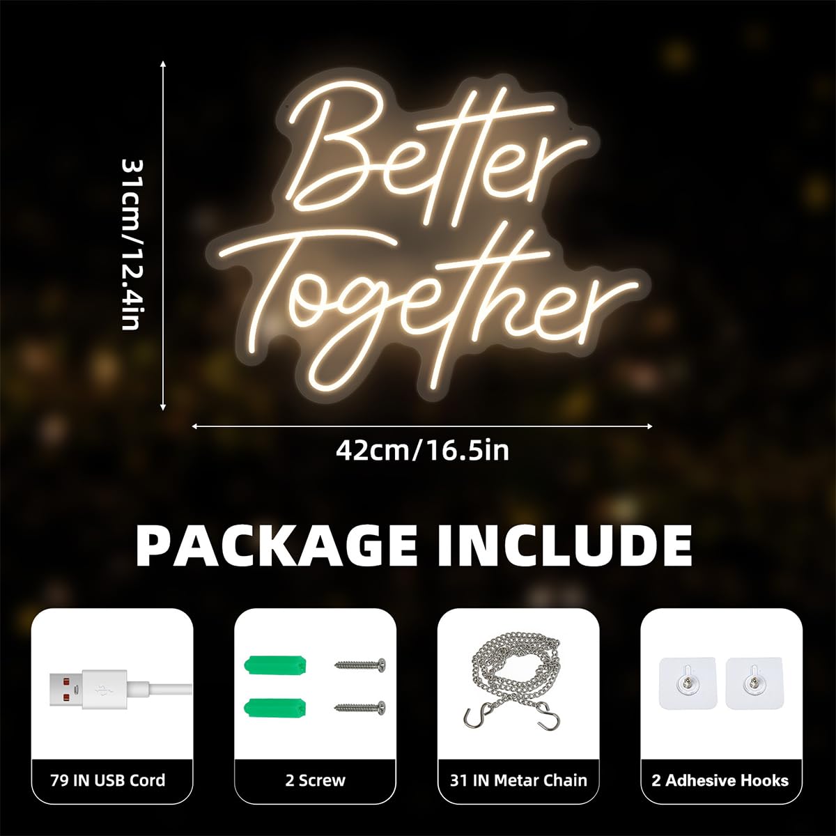 Better Together LED Neon Sign for Wall Decor, Neon Light Gift for Wall Party Décor,Bedroom Room,Wedding Engagement Anniversary Bridal Shower Backdrop Decororations, 16.5 x 12.4 inch.