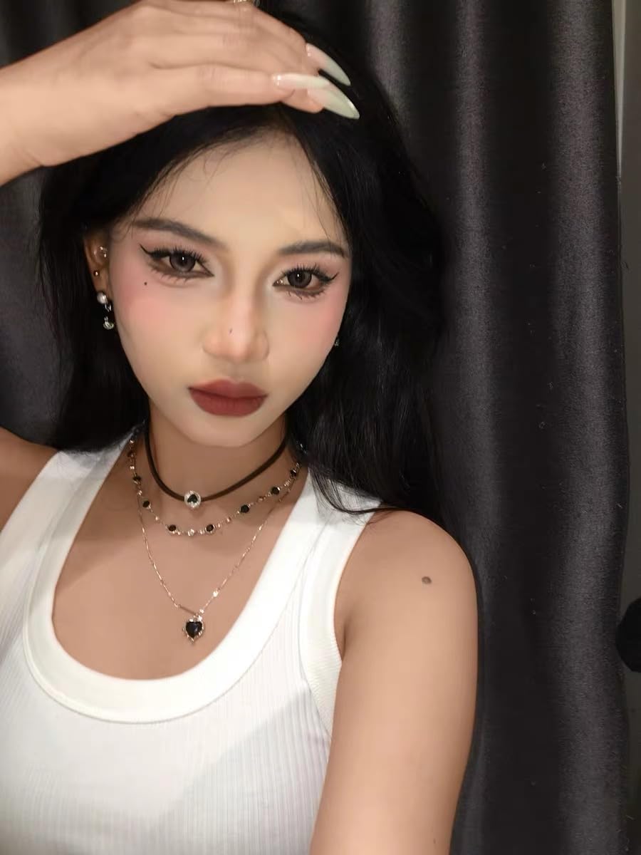 ZDZM 2Pcs Black Heart Necklace Stack With Black Bead Chain, Black Leather Choker Necklace with Heart Charm, Gothic Emo Grunge Y2k Necklace