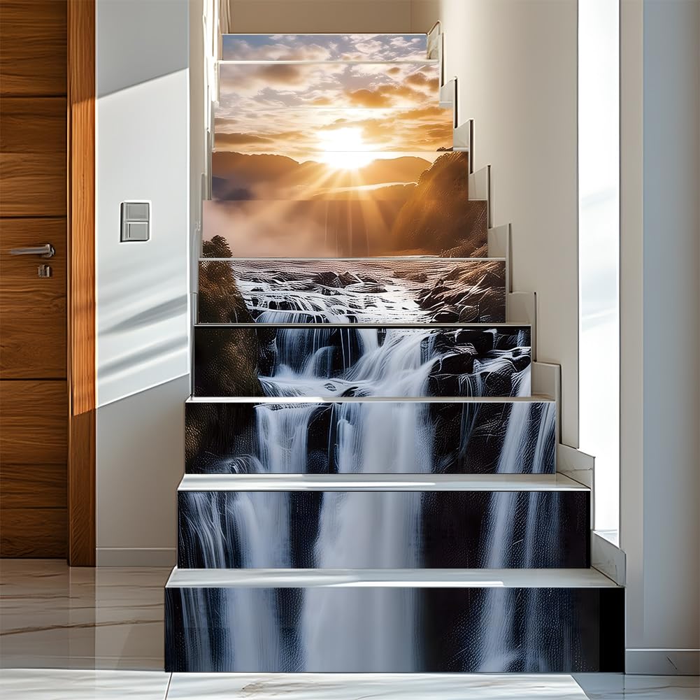 PLIGREAT 15 Strips 3D Waterfall Stair Decals, Peel and Stick Stairs Riser Stickers Natural Landscape Stair Risers Covers 7.1" x 39" Self-Adhesive Vinyl Stairs Riser Decals for Home Hotel Decor