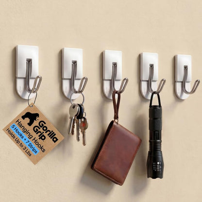 GORILLA GRIP Adhesive Hooks for Hanging, Heavy Duty Self Adhesive Wall Hooks, Damage-Free Removable Metal Hook, No Tools Required, Wall Hanger for Kitchen Bathroom Towel Coat Keys Purse, 5 Pack