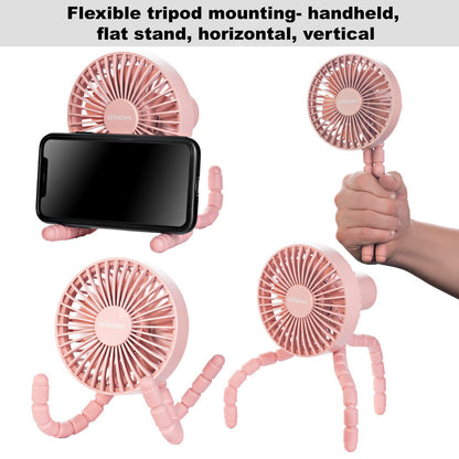 Schallen Rechargeable 4 Way Portable Lightweight Fan for Pram Fan, Car Seat, Desk, Office, Travel Fans | Clip on, Handheld, Tripod & Phone Holder (Pink)