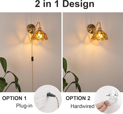 Vintage Wall Sconce, Wall Lamps with Coffee Stone Triangle Checker Sconce, Stained Glass Shade Gold Wall Lights Fixture with Plug in Cord and Switch for Bedroom Bathroom Living Room Hallway