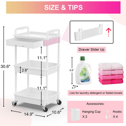 Goovilla 3 Tier Rolling Utility Cart Organizer with Removable Drawer, Stable and Sturdy Black Rolling Storage Carts with 2 Lockable Wheels for Bathroom, Kitchen, Snack, Craft, Makeup, Baby Essentials