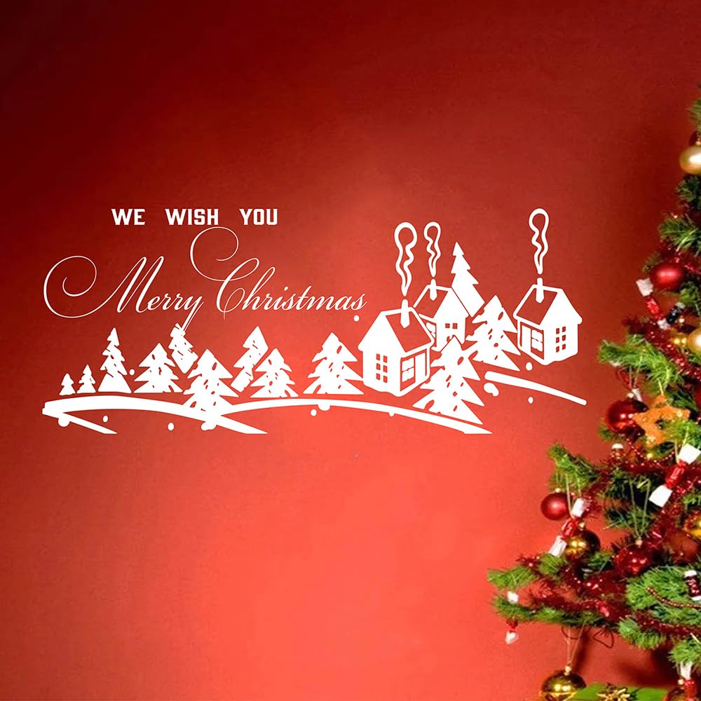 Christmas Wall Decal, Winter Village Scene with Trees and Houses, 38 x 15.7 inches, MC078 (White)