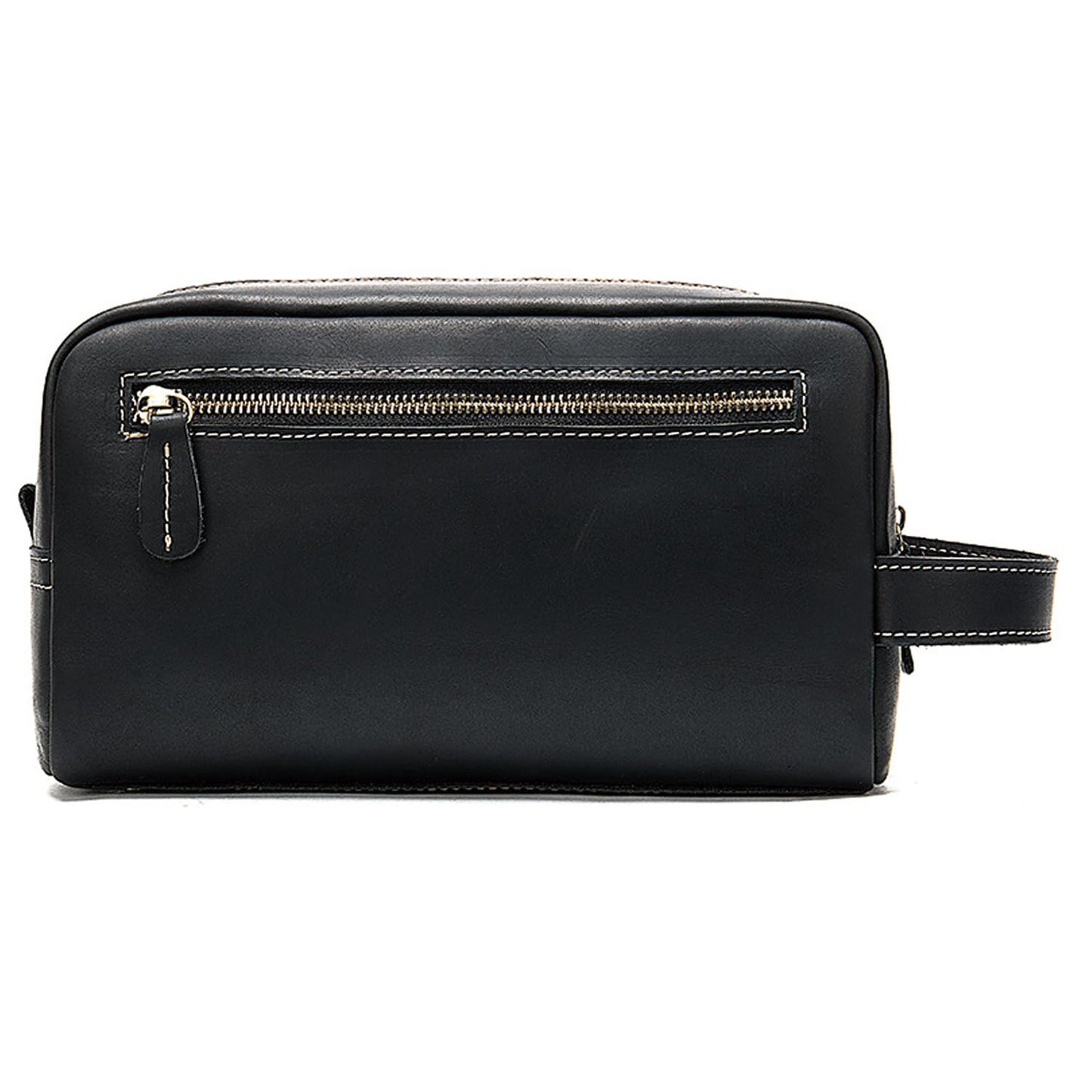Full Grain Genuine Leather Zipped Travel Toiletry Bag for Women Men Ladies Clutch Purse Wallet Shaving Bag Cosmetic Bag Dopp Kit Wristlet Organizer Holder Wrist Bag Pack Business Handbag Black