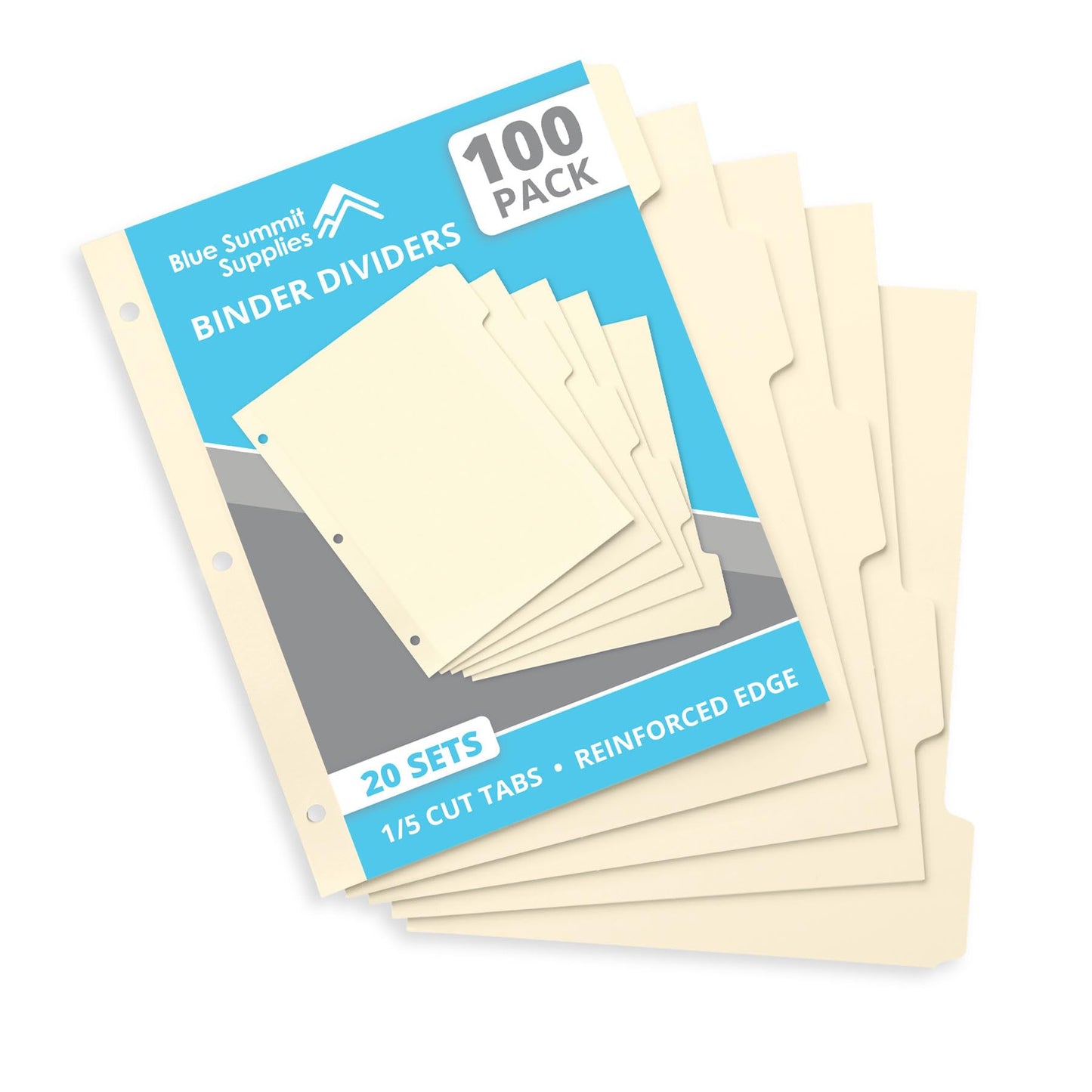 Blue Summit Supplies 3 Ring Binder Dividers with Reinforced Edge, 1/5 Cut Tabs, Letter Size, 3 Hole Punch Section Index Dividers for Binders, Manila, 100 Pack