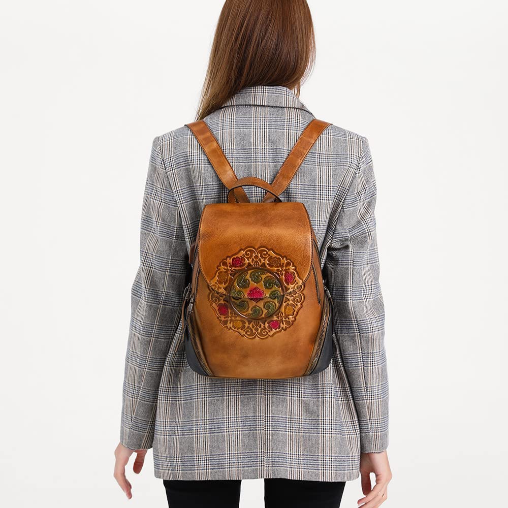 Leather Backpack for Women Organizer Retro Vegetable Tanning leather bag Vintage Embossing Totem (black)