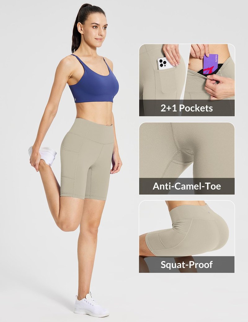 baleaf Biker Shorts Women Yoga Gym Workout Spandex Running Volleyball Tummy Control Compression with Pockets 8" Khaki XXXL