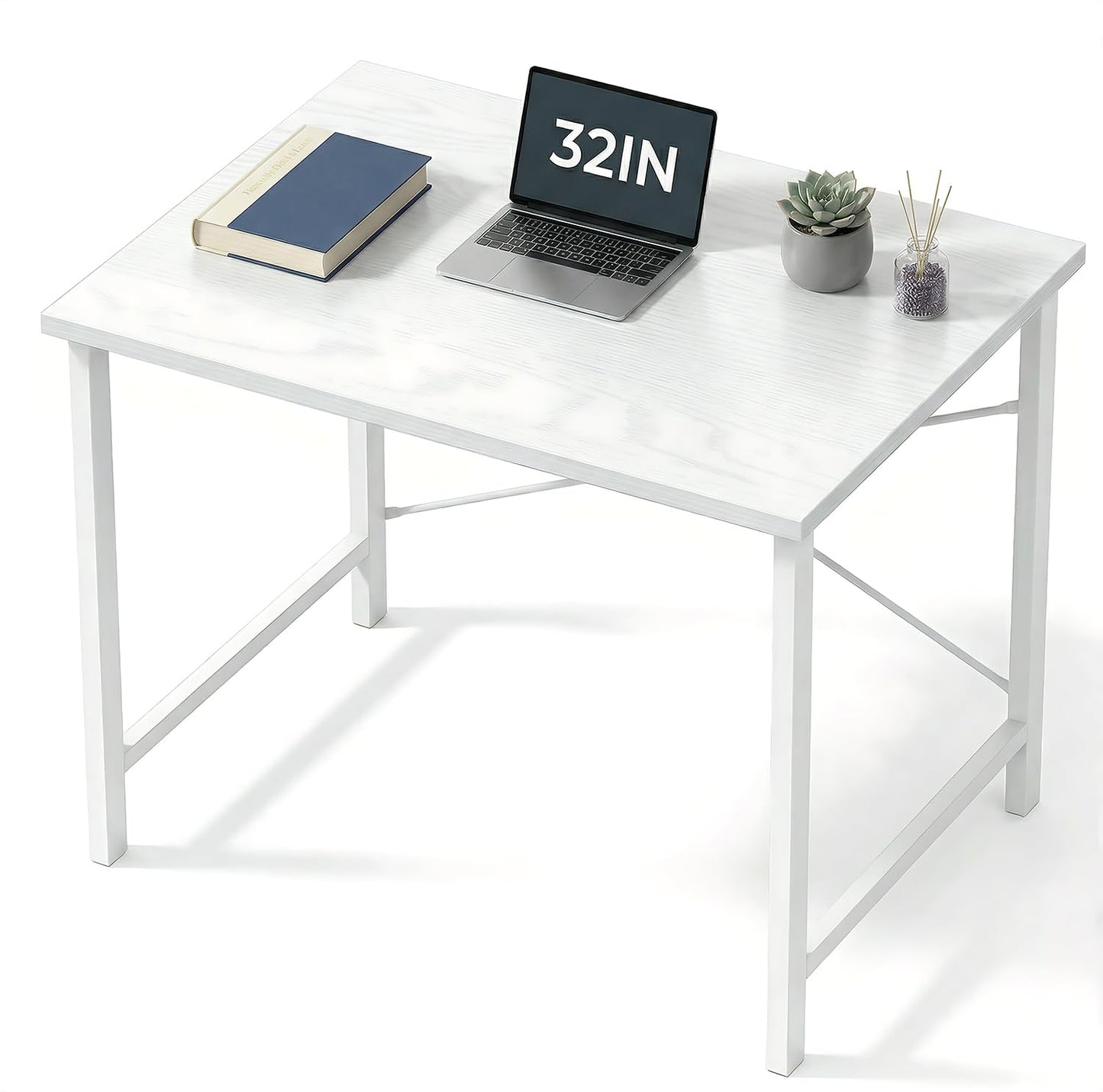 Sweetcrispy Computer Desk, Small Office 32 Inch Writing Work Study Student Teacher Home Bedroom Table with Metal Frame Wood Tabletop - White