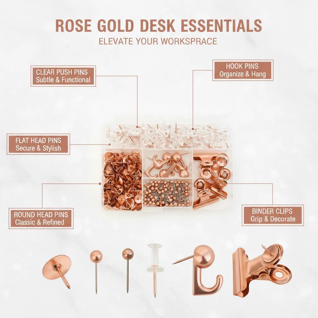 310 Piece Rose Gold Push Pin Set with 5 Styles - Decorative Thumb Tacks, Map Tacks, Clips & Hooks for Bulletin Boards, Office & Home Organization - Durable Plastic Storage Box Included（Rose Gold）