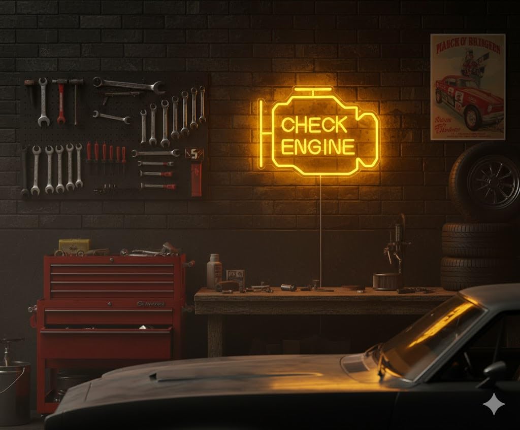 Check Engine Light Neon Sign for Man Cave Decor, LED Garage Wall Art, Funny Gifts for Dad & Car Guys, Man Cave Auto Repair Shop Mechanics Workshop Sign, USB Powered(15.7x11.8in,Yellow)
