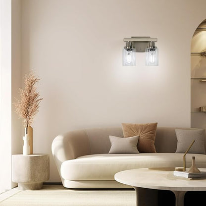 Bathroom Vanity Light, 2-Light Nickel Modern Matte Wall Sconce Lighting with Clear Glass Shade, Wall Lights,Bath Vintage Wall Mounted Lamps for Mirror Bedroom Living Room