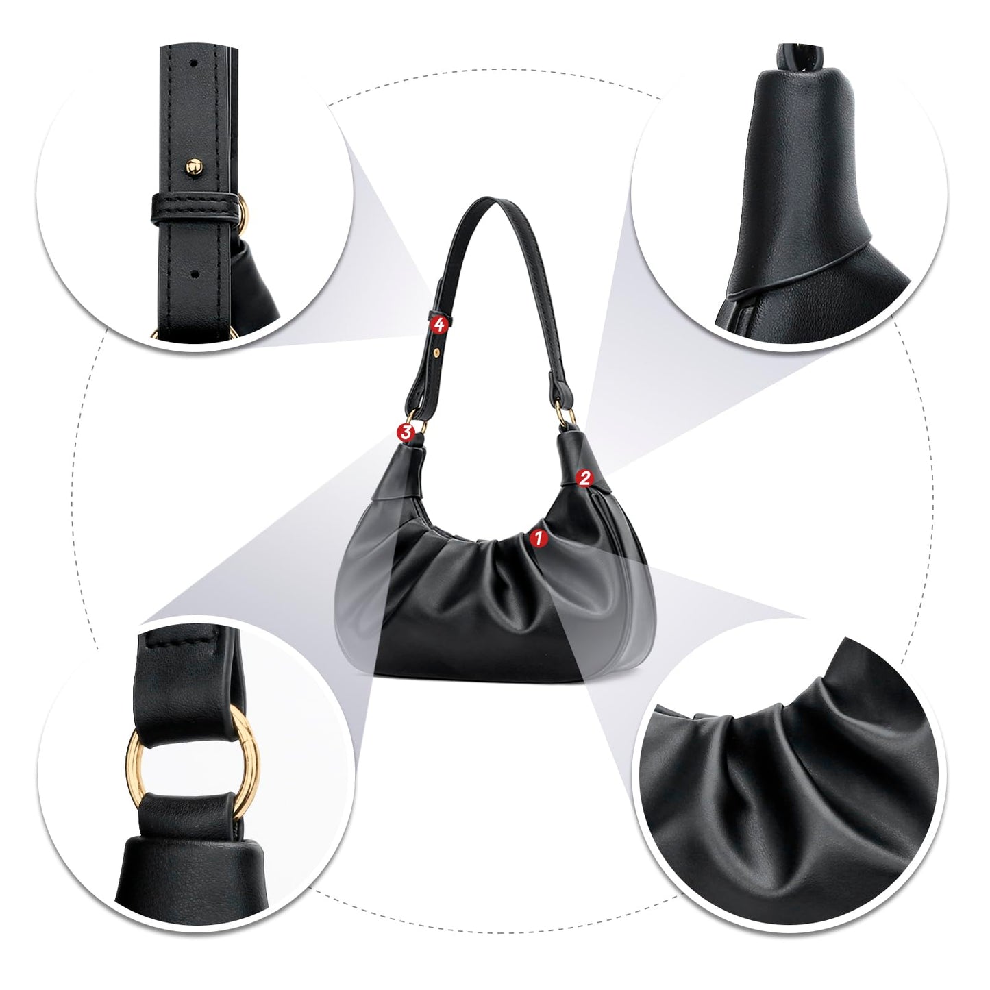 KKXIU Shoulder Bag Crescent Handbag Ruched Purse Underarm Bag Mini Hobo for Women, Detachable Gold Chain Crossbody Bag - Black