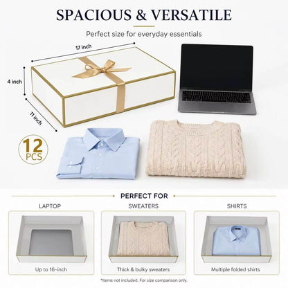 Joyvera 12 Pack Large Shirt Boxes with Lids, 17 x 11 x 4 Inch White Gift Boxes with Gold Ribbon for Clothing, Sweaters, Robes, Bridesmaid, Wedding, Birthday, Christmas