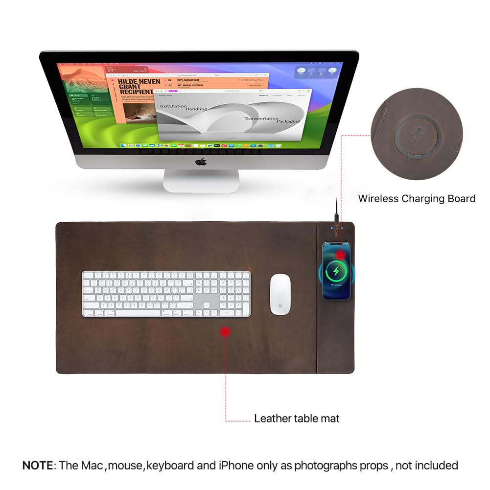 Contacts Full Grain Leather Wireless Charging Desk Mat with 15W Wireless Charger Type C Chargering Port Computer Desk Pad Large Mouse Pad 80x40 cm