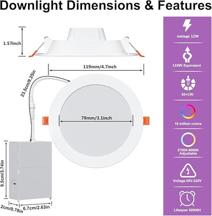 Smart Recessed Lighting 4 Inch RGBCW Color Changing 12W LED Recessed Ceiling Lights with Junction Box,1080LM Canless Downlight Compatible with Alexa,Dimmable by Bluetooth Control (6 Pack)