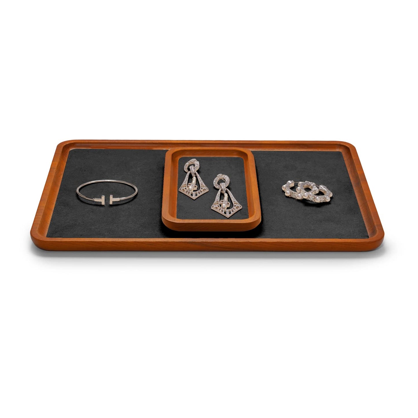 Oirlv Solid Wood Jewelry Display Tray Small Jewelry Tray Rings Earrings Bracelets Necklace Holder Organizer (Small, Grey)