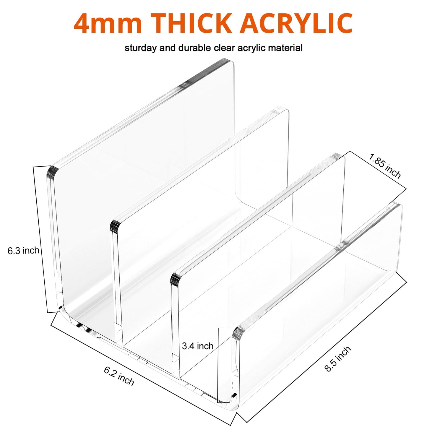 Richboom Acrylic File Sorter, 8.5"x6.3"x6.2", Upright File Organizer for Desk, Mail Organizer Countertop, File Holder for Letter, Document, Notebook, Clear, 3 Sections