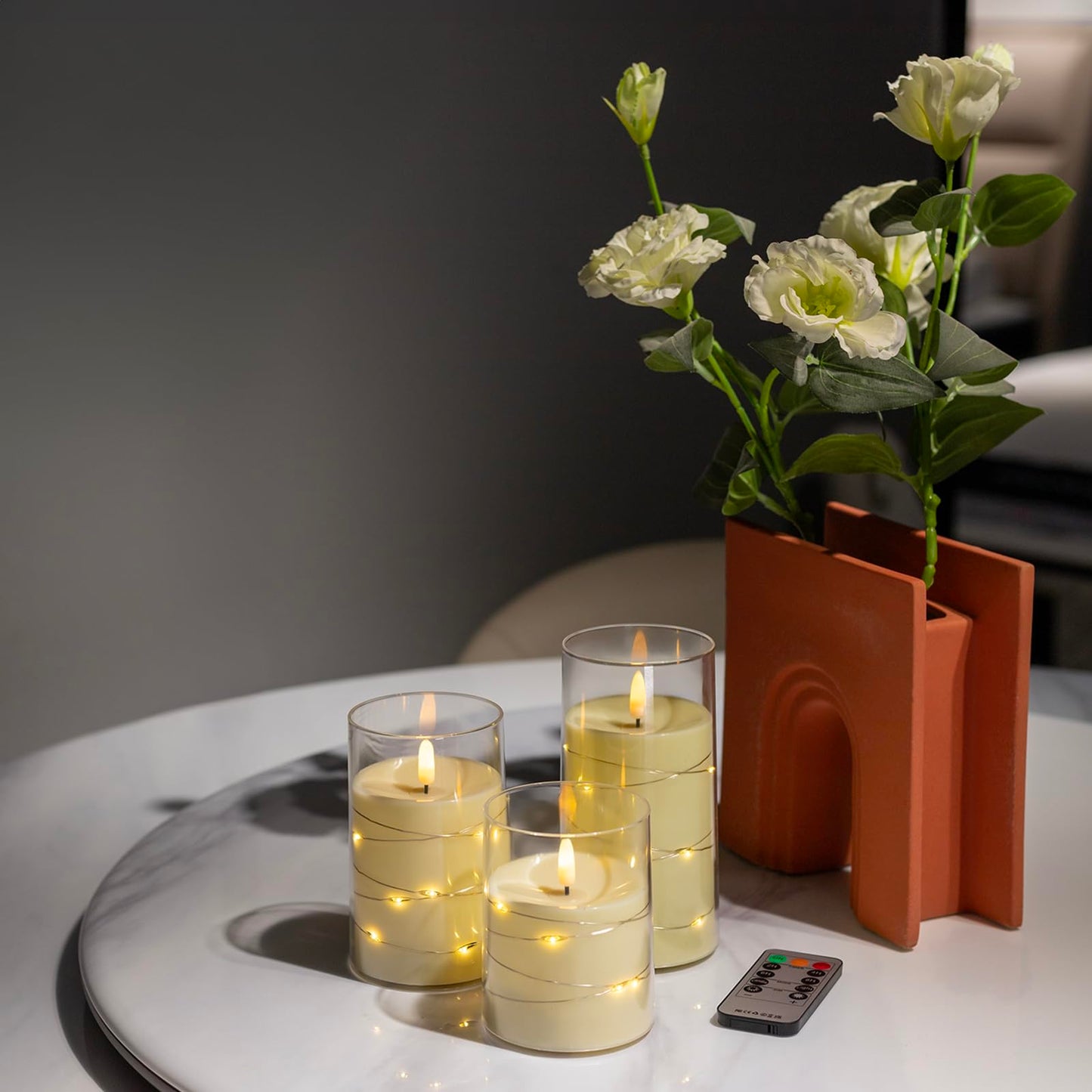COVEGE Flickering Flameless Candles with Embedded String Lights - Acrylic Battery Operated Candles with Remote, LED Pillar Candles for Valentines/Wedding Home Decor（White）