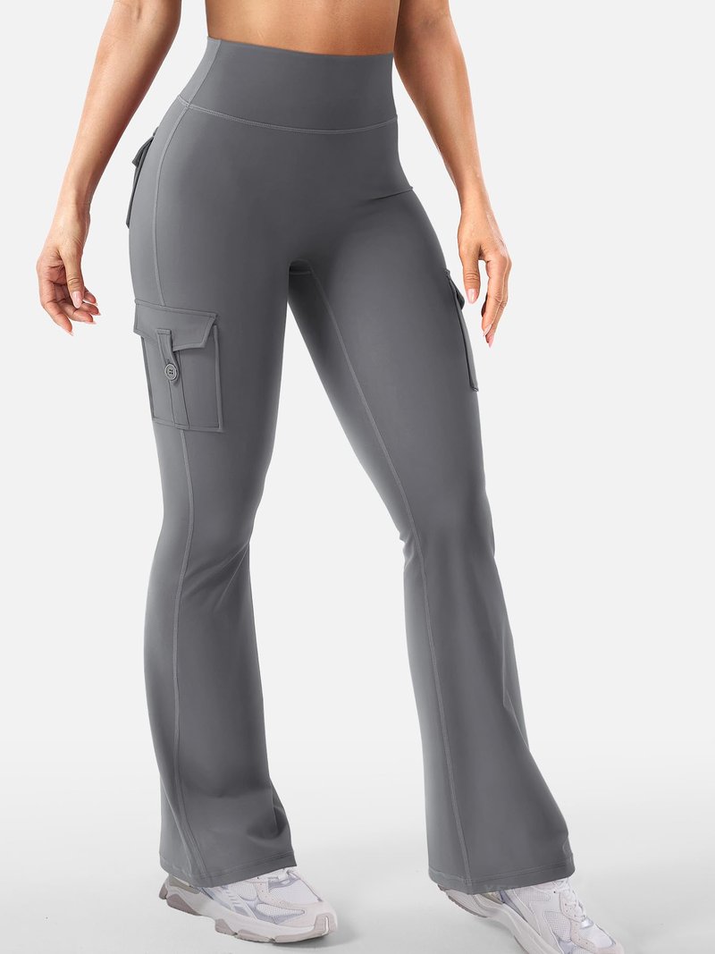 YEOREO CoreFlex Women Workout Flare Leggings with Pockets Hidden Scrunch High Waisted Cargo Gym Yoga No Front Seam Leggings Grey S
