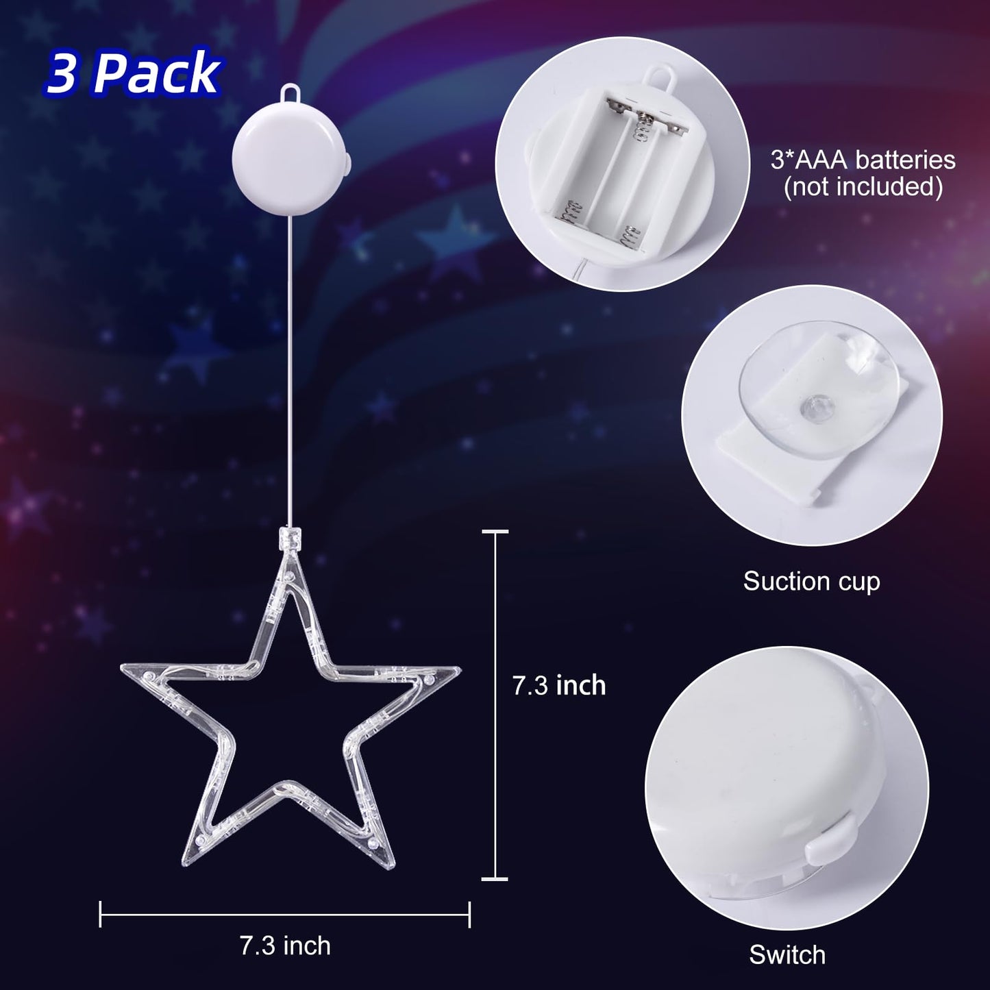 LYUBASA 3 Pack 4th of July Lights Decorations, Battery Operated, Red White and Blue, Indoor Window Star String Lights, Patriotic Decor