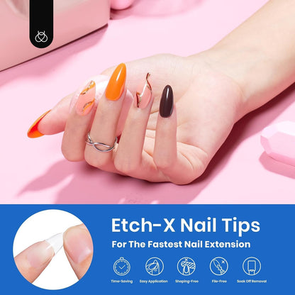 Beetles Gel Nail Kit Short Almond, 240Pcs Easy Nail Extension Set Shaped Clear Tips with 5 in 1 Nail Glue Base & Top Coat and Mini UV Lamp, Nail Tips Art Acrylic Nail Kit Gifts for Women